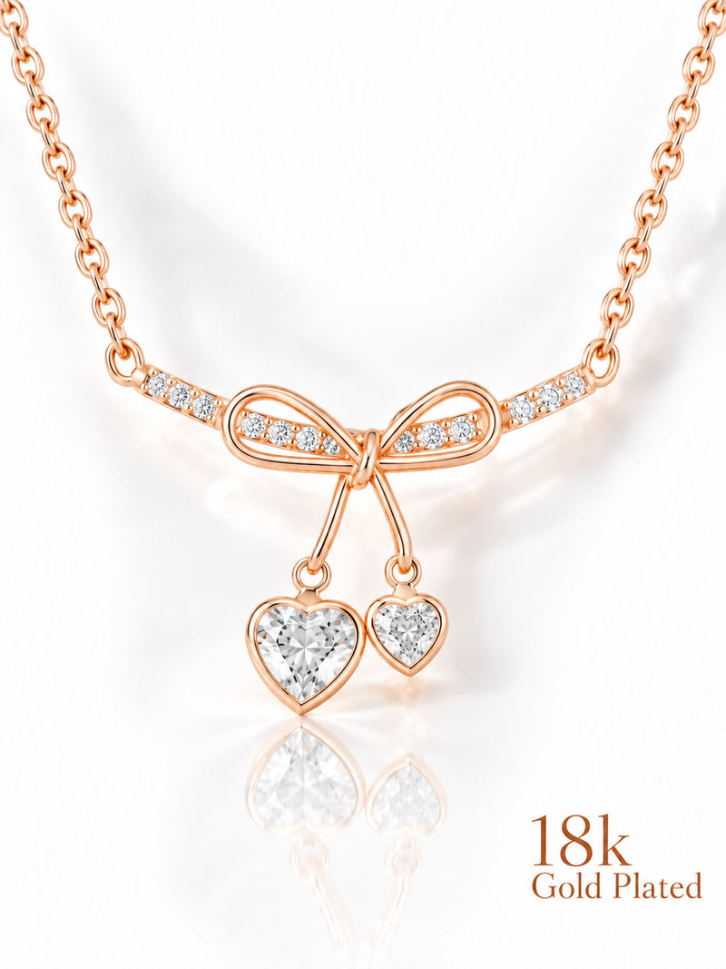 Ribbon Bow Dual Heart 18K Gold Plated Necklace pendant close-up