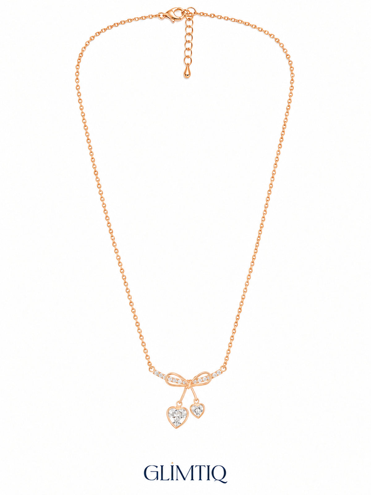 Full view of Ribbon Bow Dual Heart 18K Gold Plated Necklace showing its chain, clasp and extender