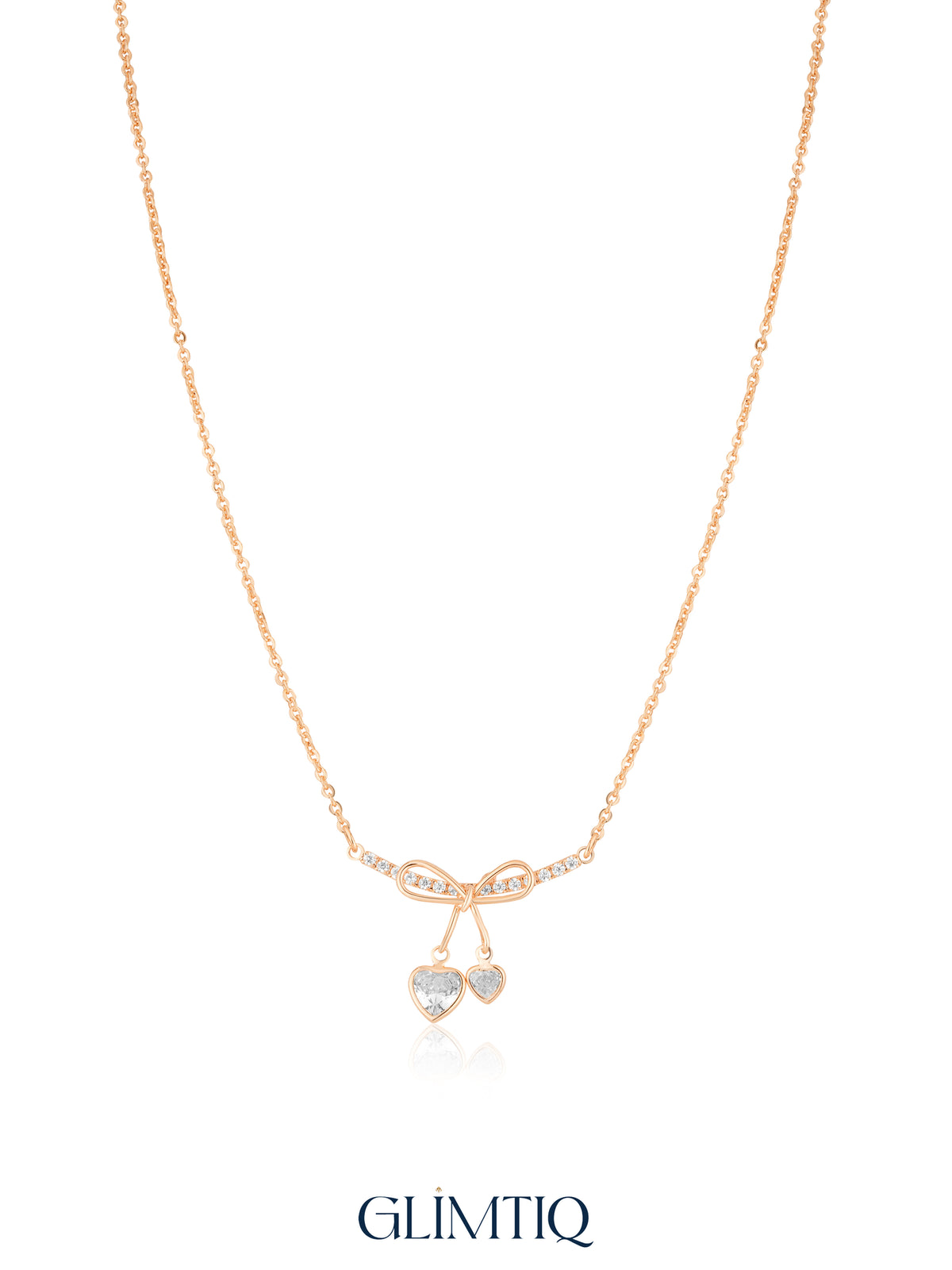 Ribbon Bow Dual Heart 18K Gold Plated Necklace studio view showing the front design and chain