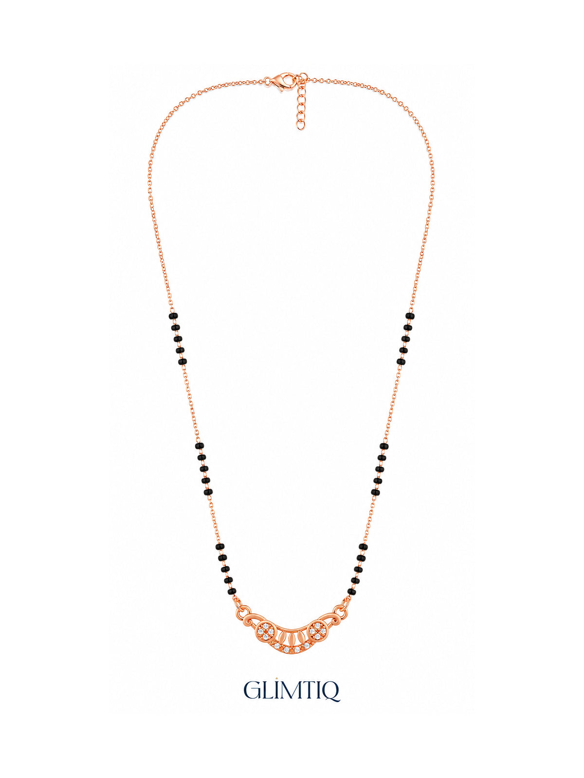 Full rose gold mangalsutra showing black bead sections, crescent pendant with two sparkling flowers and petal details, lobster clasp and extension chain.