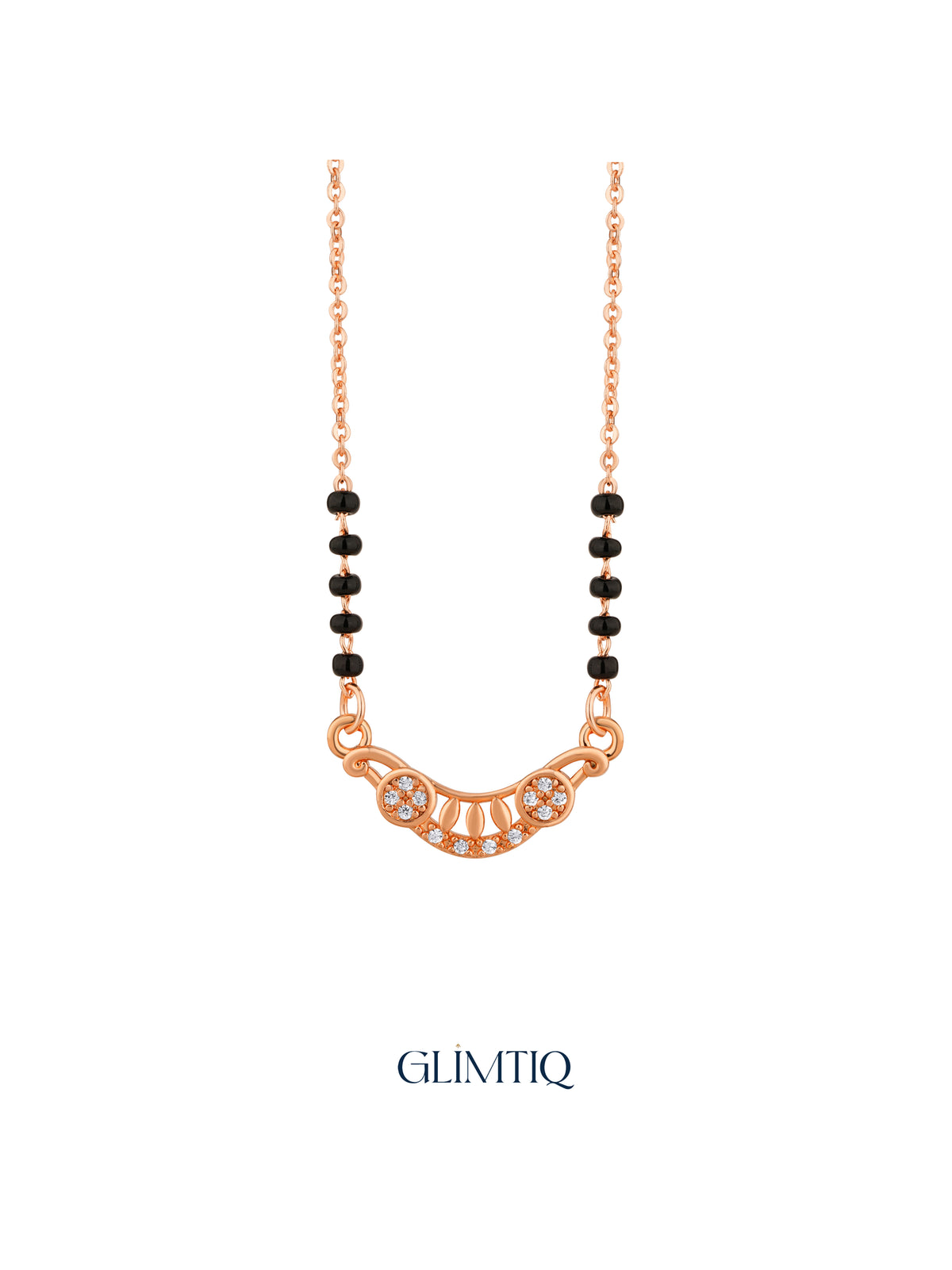 Close-up of rose gold mangalsutra pendant featuring crescent pendant with two sparkling flowers and petal details.