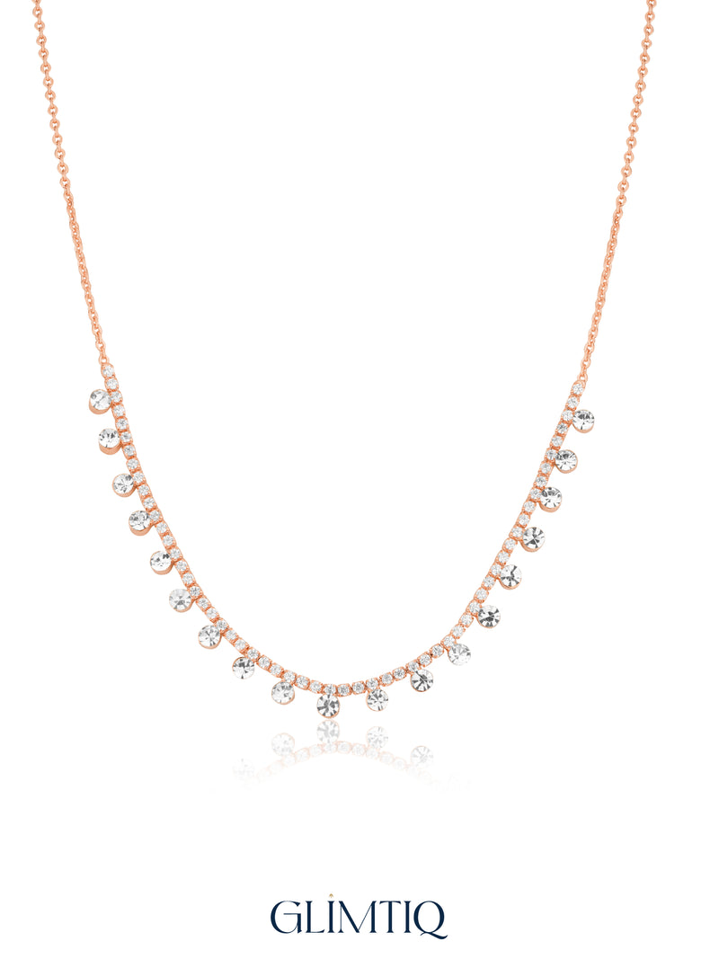 Solitaire Dangle Tennis Arc 18K Rose Gold Plated Necklace — studio view