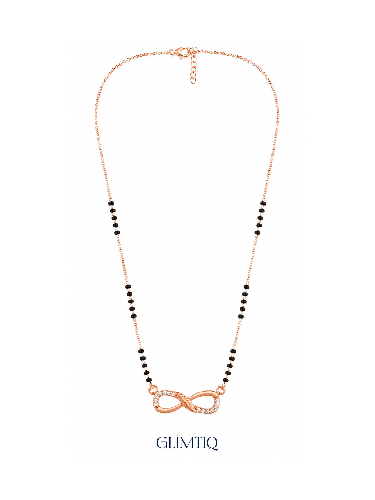 Full rose gold mangalsutra showing black bead sections, flowing infinity pendant with sparkling accents and textured centre detailing, lobster clasp and extension chain.
