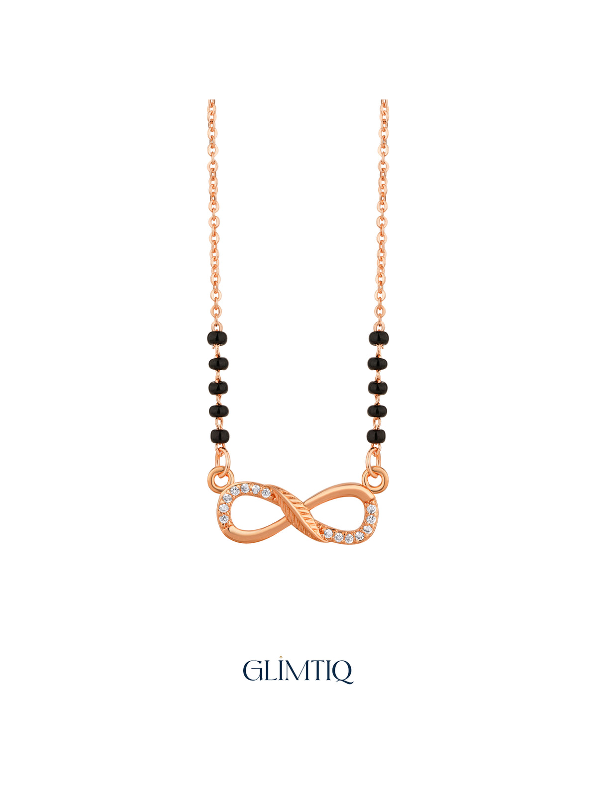 Close-up of rose gold mangalsutra pendant featuring flowing infinity pendant with sparkling accents and textured centre detailing.
