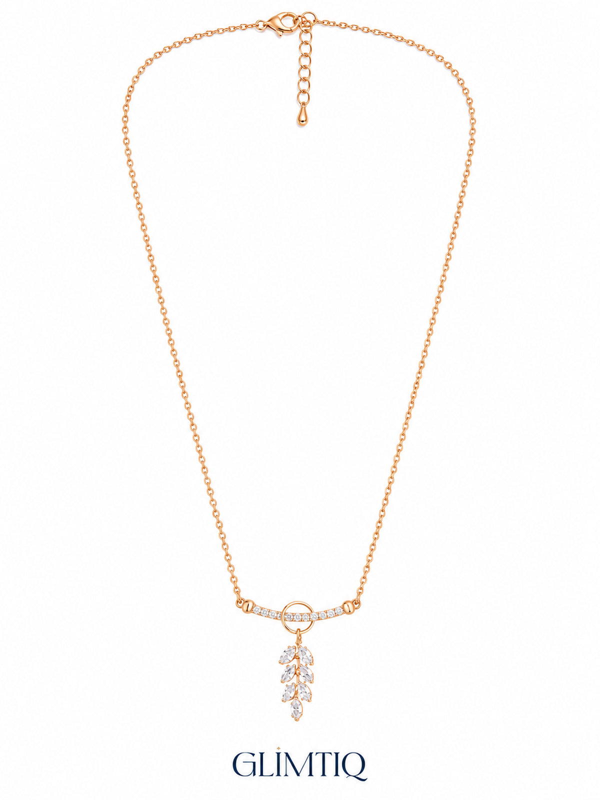 Full view of Sparkling Leaf Drop gold necklace showing chain, extender and leaf pendant