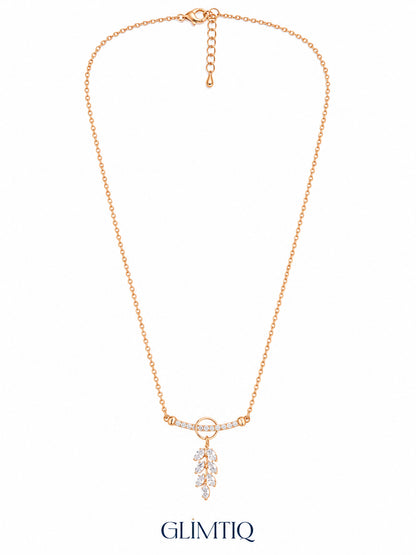 Full view of Sparkling Leaf Drop gold necklace showing chain, extender and leaf pendant