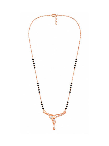Full rose gold mangalsutra showing black bead sections, flowing leaf trail with a sparkling open drop and hanging teardrop, lobster clasp and extension chain.