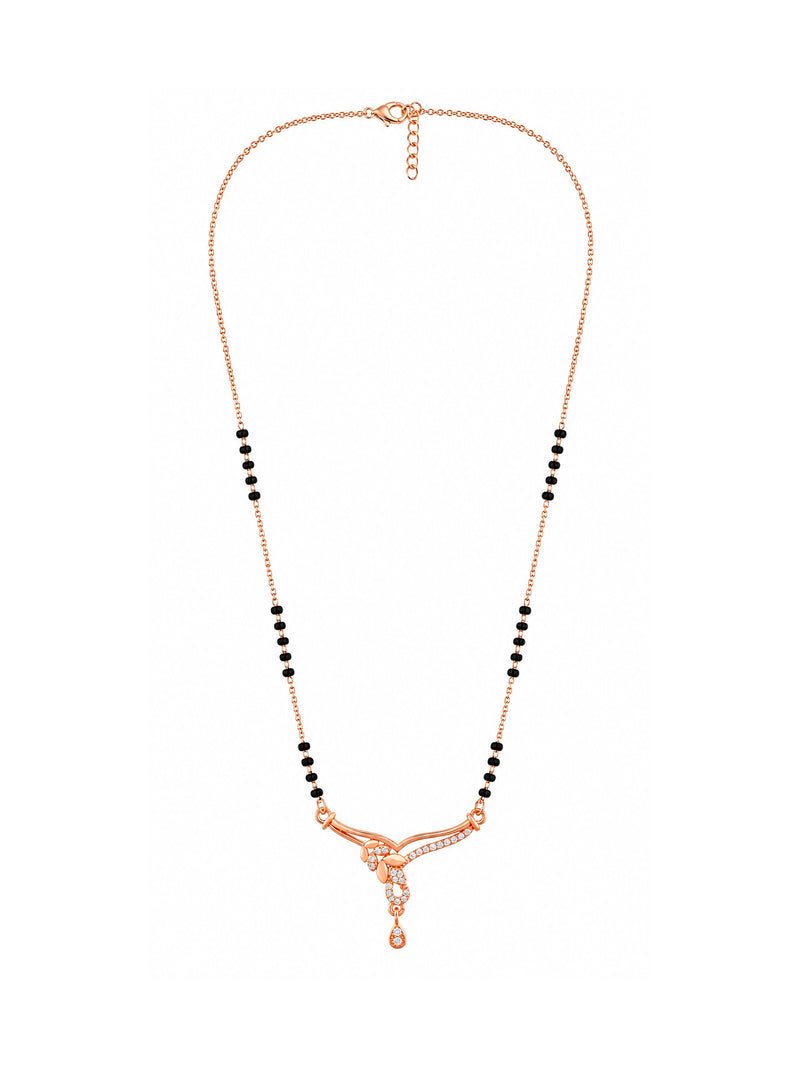 Full rose gold mangalsutra showing black bead sections, flowing leaf trail with a sparkling open drop and hanging teardrop, lobster clasp and extension chain.