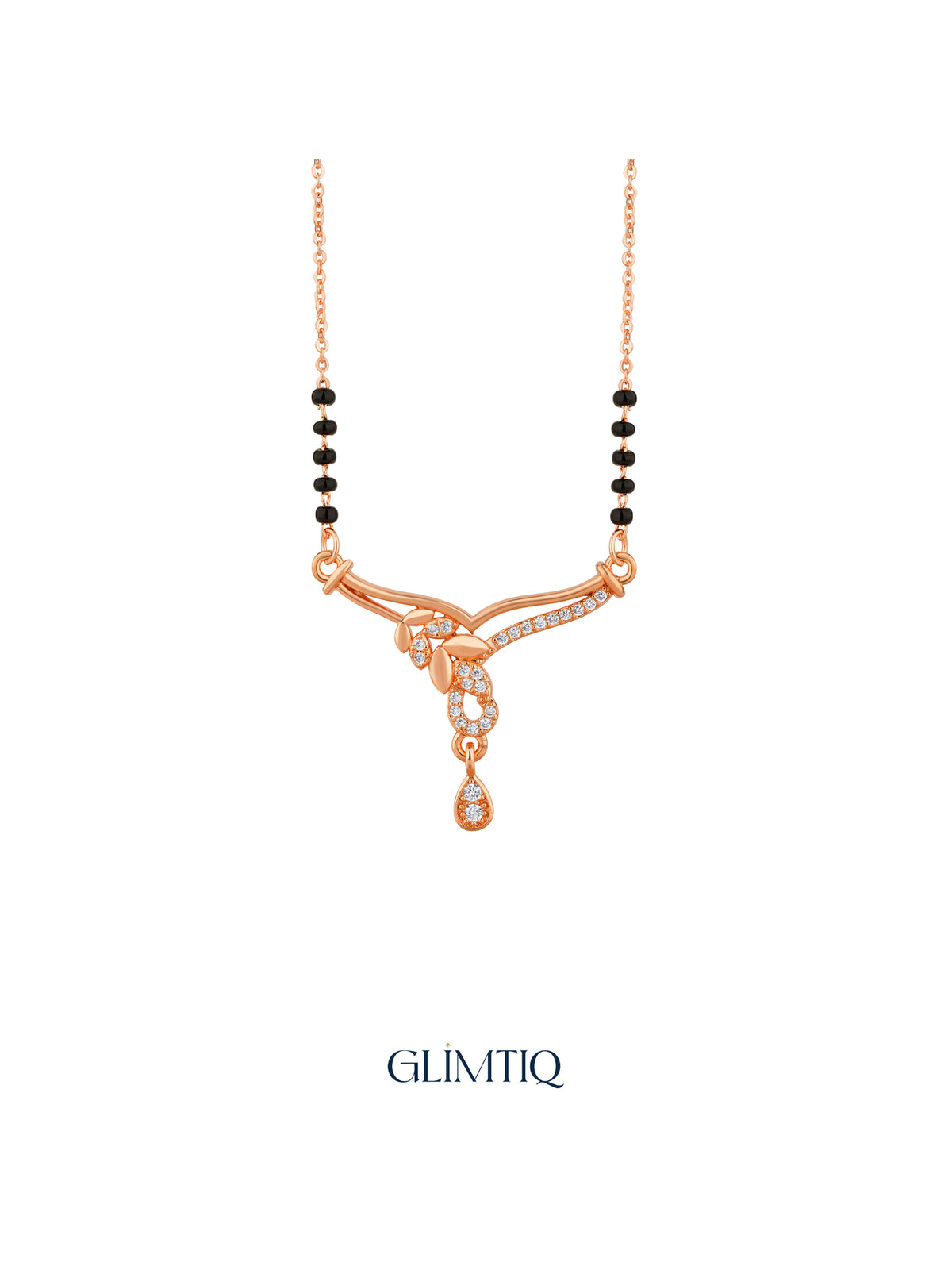 Close-up of rose gold mangalsutra pendant featuring flowing leaf trail with a sparkling open drop and hanging teardrop.