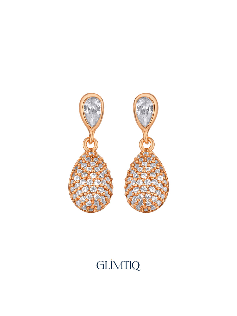 Pair of Teardrop Cascade 18K Rose Gold Plated Drop Earrings, studio view