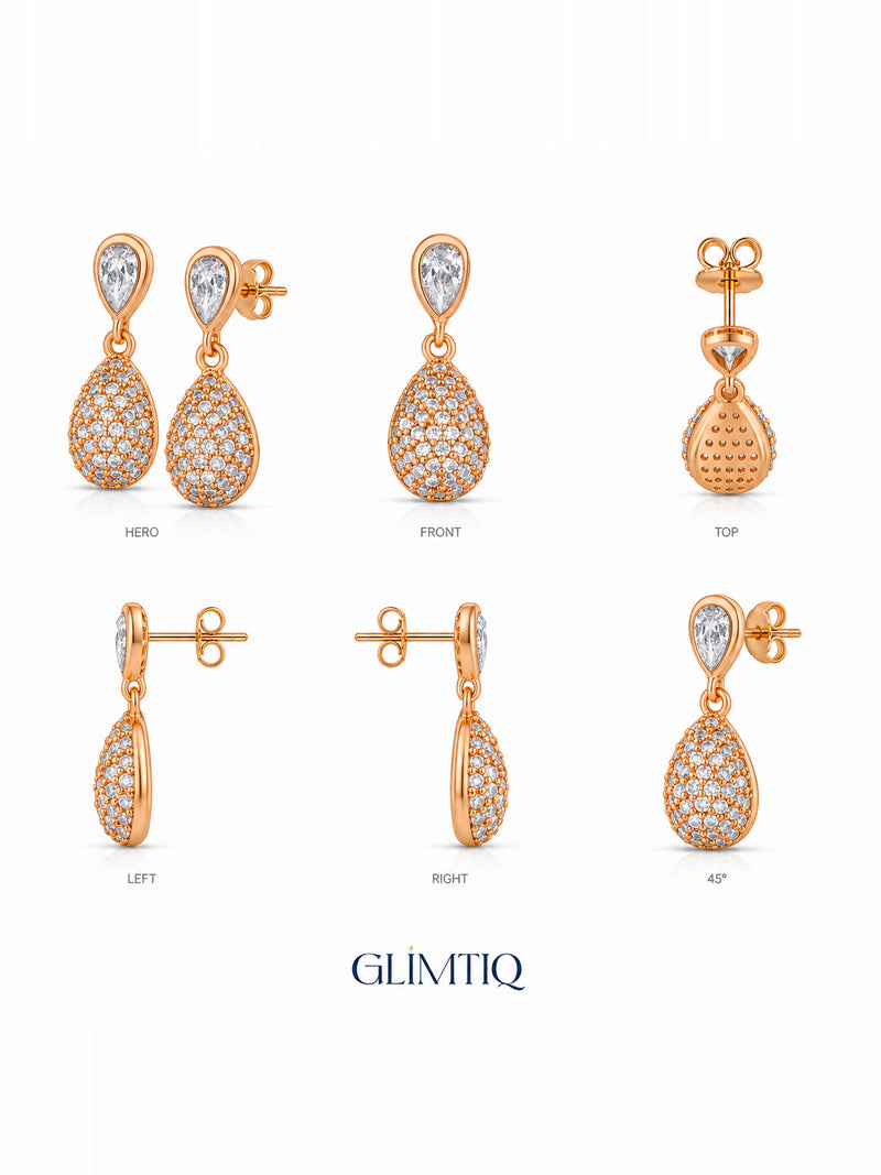 Six views of teardrop cascade 18k rose gold plated drop earrings showing front, sides and back