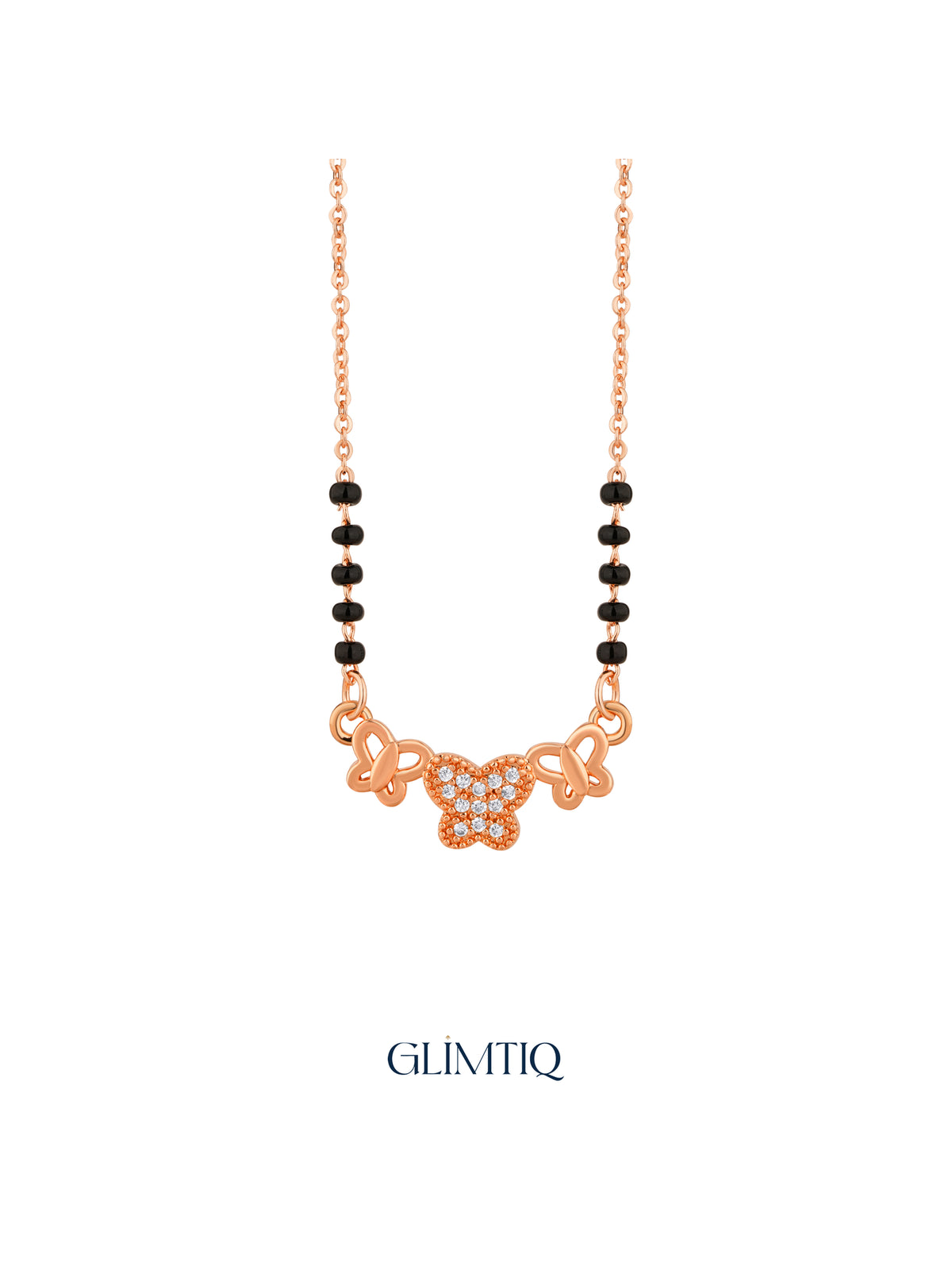Close-up of rose gold mangalsutra pendant featuring three-butterfly pendant with a sparkling centre butterfly.
