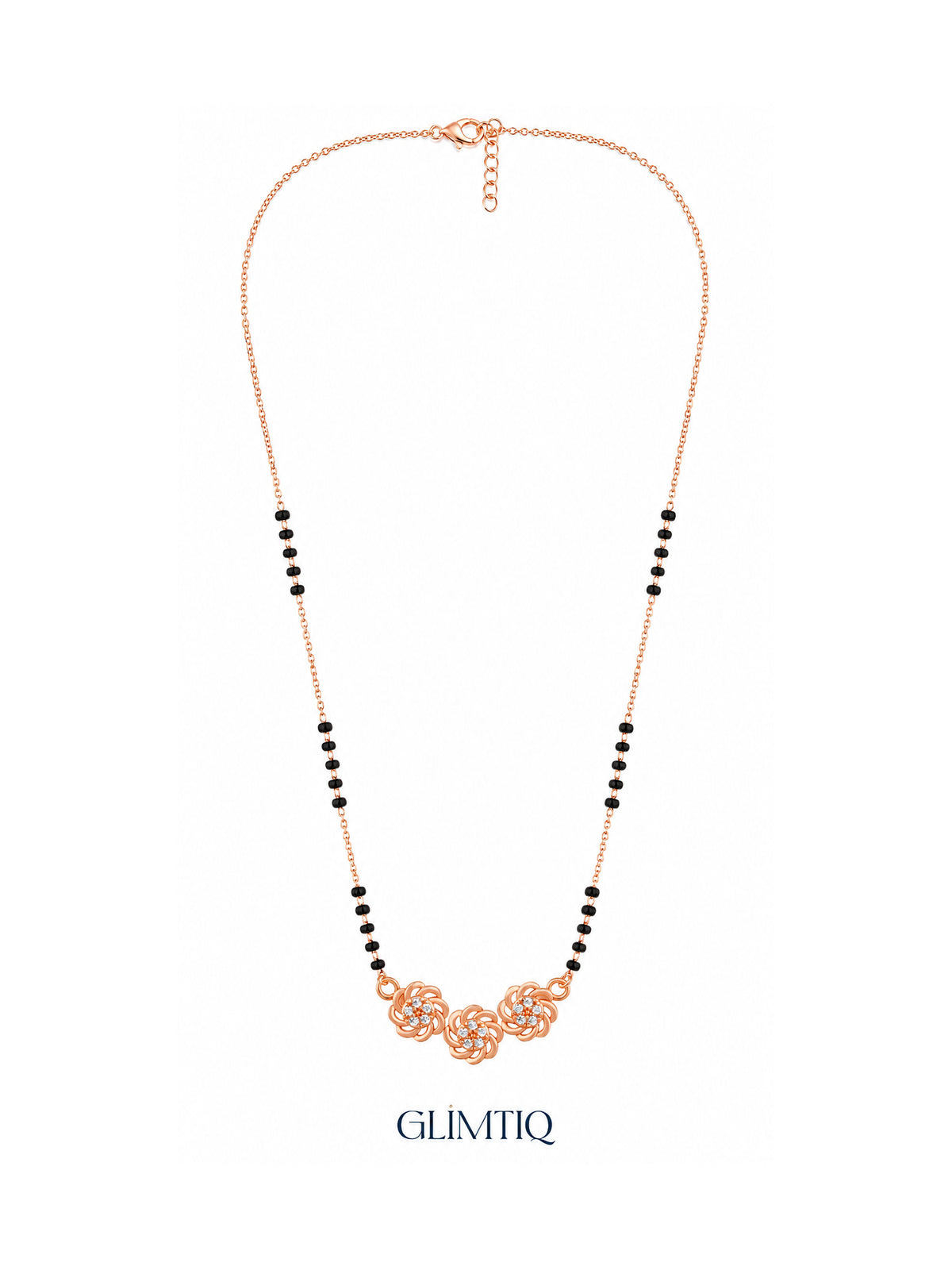 Full rose gold mangalsutra showing black bead sections, three sculpted rose swirls with sparkling floral centres, lobster clasp and extension chain.
