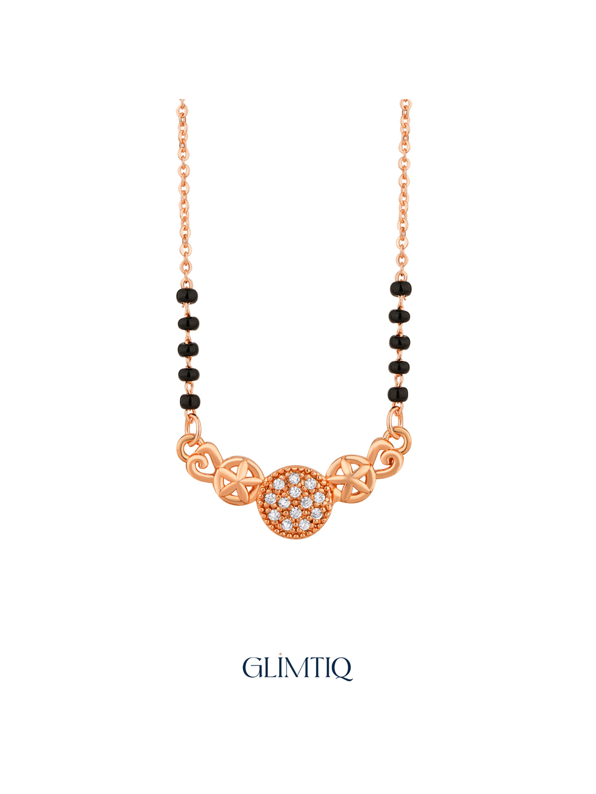 Close-up of rose gold mangalsutra pendant featuring twin rose-gold stars framing a sparkling round centre.