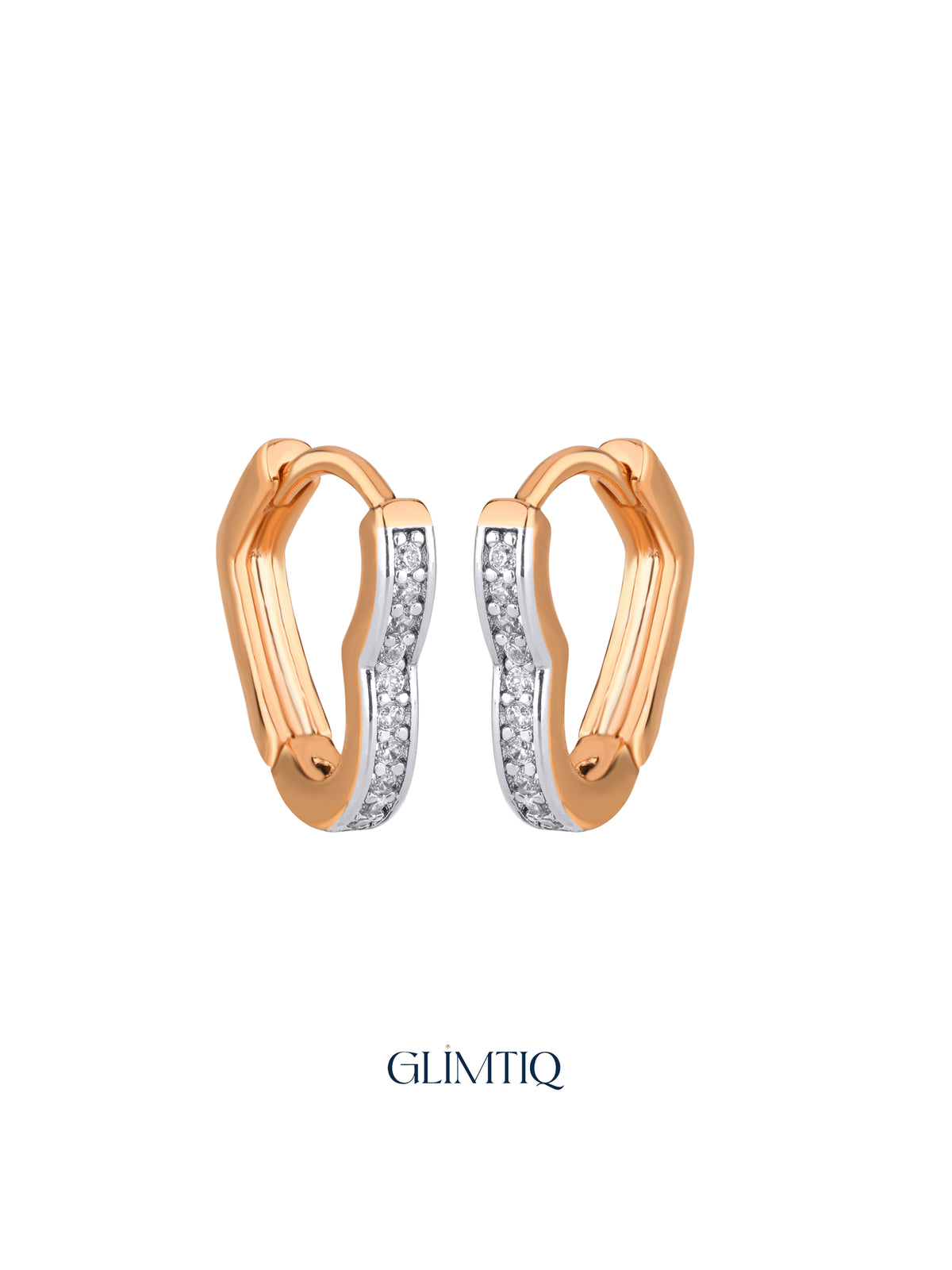 Pair of Two Tone Curve 18K Rose Gold Plated Hoops, studio view