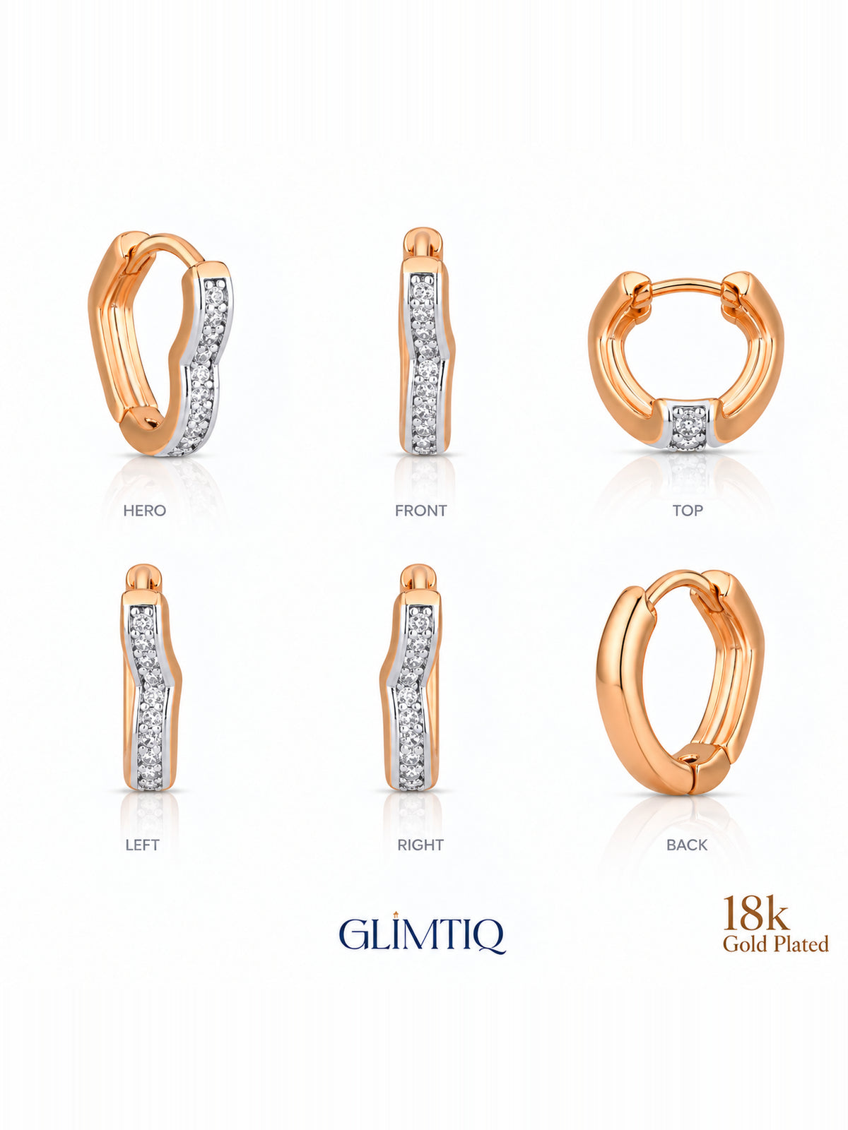 Six views of two tone curve 18k rose gold plated hoops showing front, sides and back