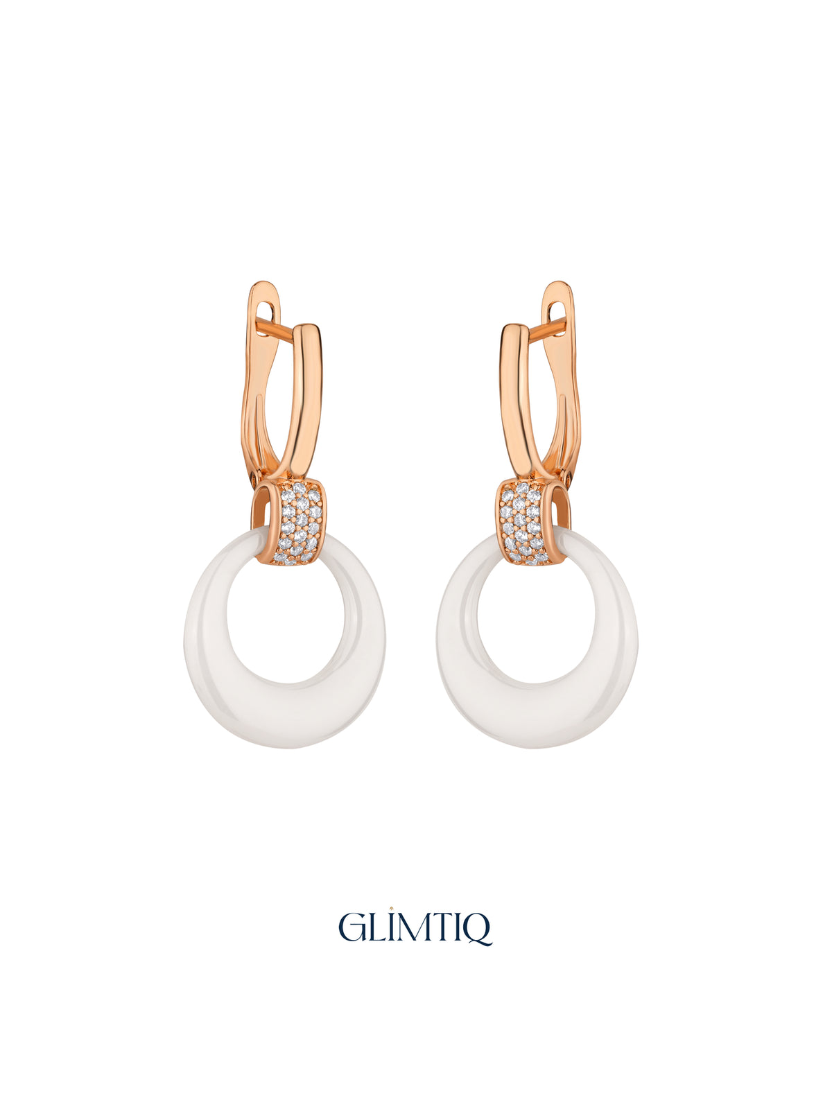 Pair of White Halo 18K Rose Gold Plated Drop Earrings, studio view