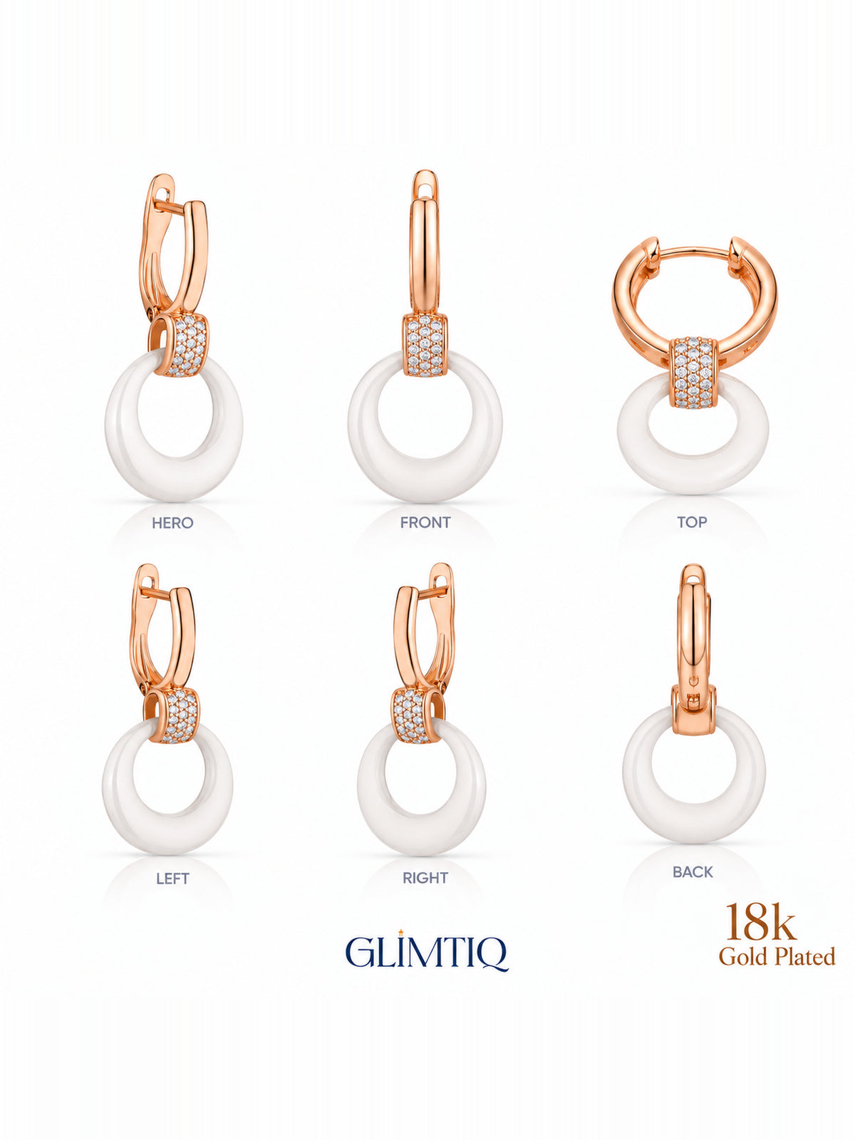 Six views of white halo 18k rose gold plated drop earrings showing front, sides and back