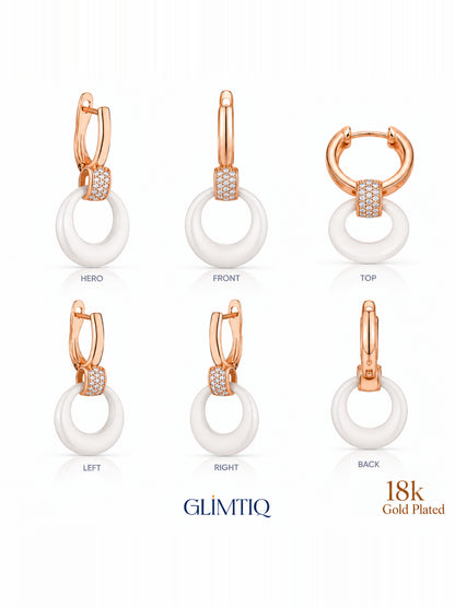 Six views of white halo 18k rose gold plated drop earrings showing front, sides and back