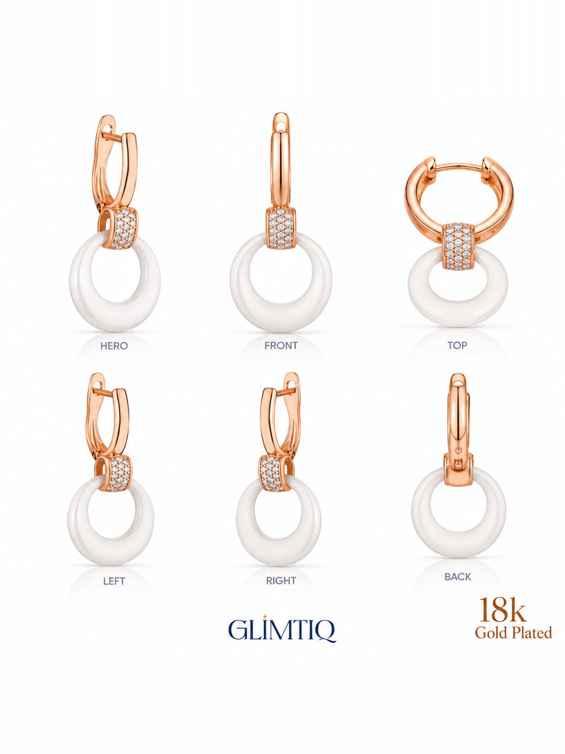 Six views of white halo 18k rose gold plated drop earrings showing front, sides and back